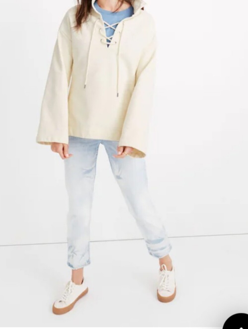 Madewell Cream Lace-Up Pullover Sweater 100% Cotton